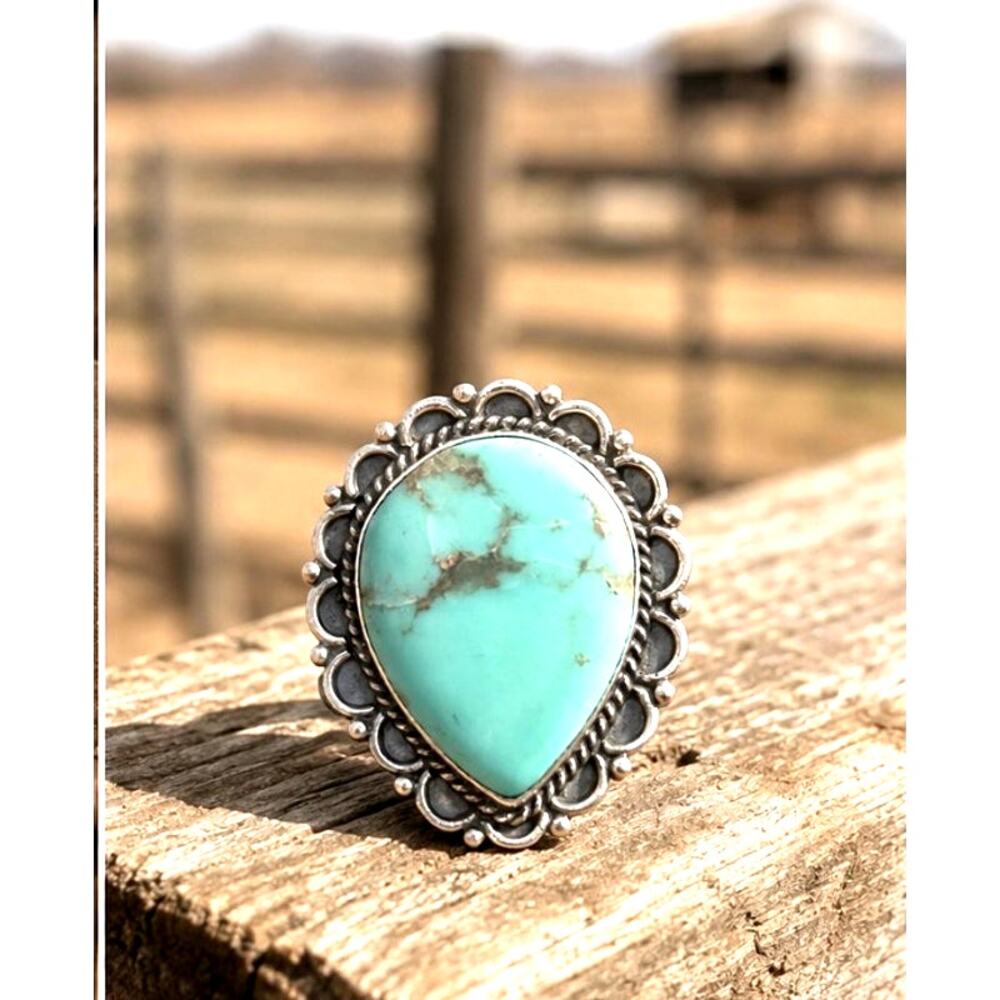 Number Eight Turquoise Tear Drop Ring in Sterling Silver